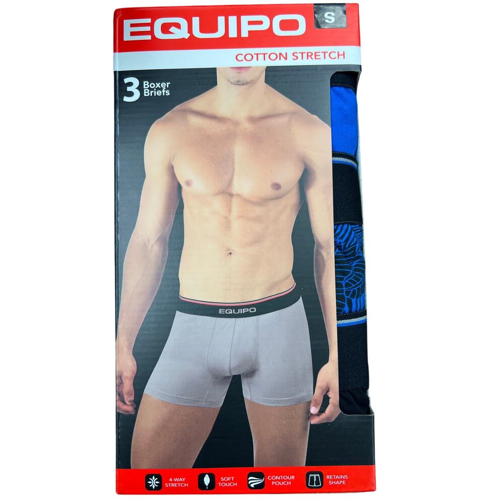 Equipo Men's Cotton Stretch Boxer Briefs, 3 Pack, Blue & Black, Size Small, New